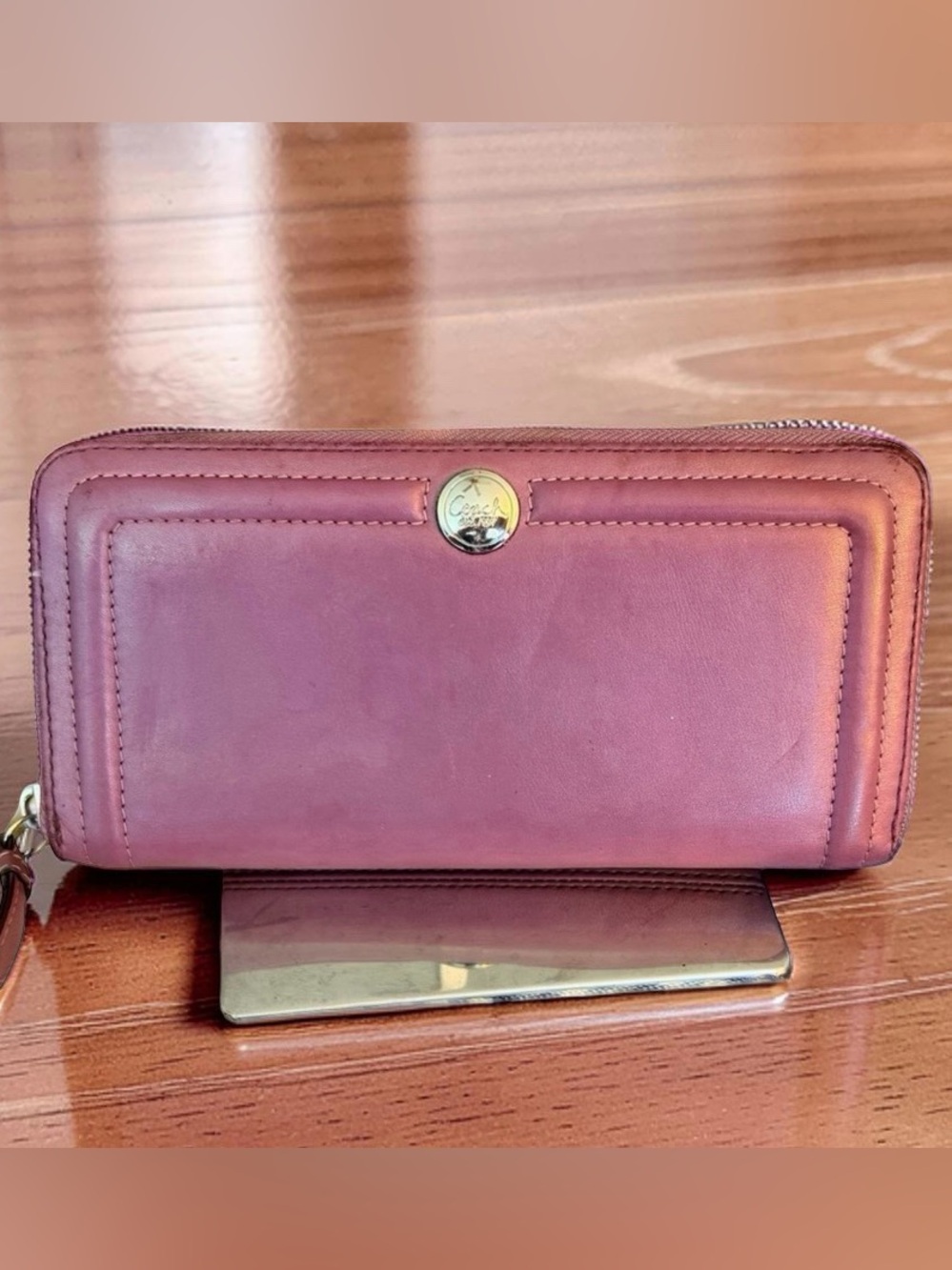 Coach Pink-Mauve Leather Zip Wallet with Signature Metal Button